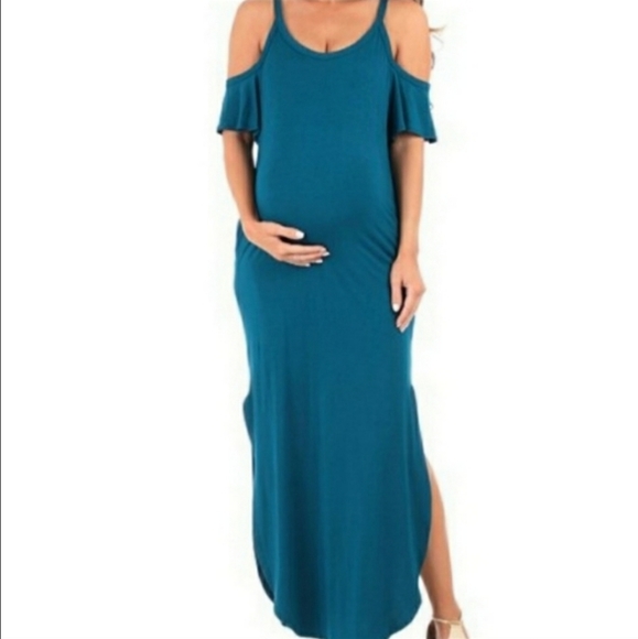 New Teal Maternity Cold-Shoulder Dress pockets LG bodycon stretchy - Picture 1 of 3